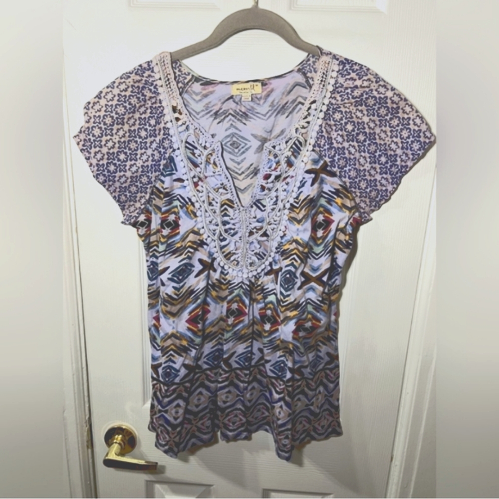 One World Crochet Women's Multicolor Aztec Boho Patterned Purple Top
